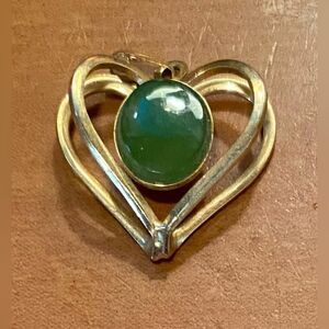 Gold Tone Heart Pendant Jade Green Cabochon Stone Charm Womens Jewelry 1"